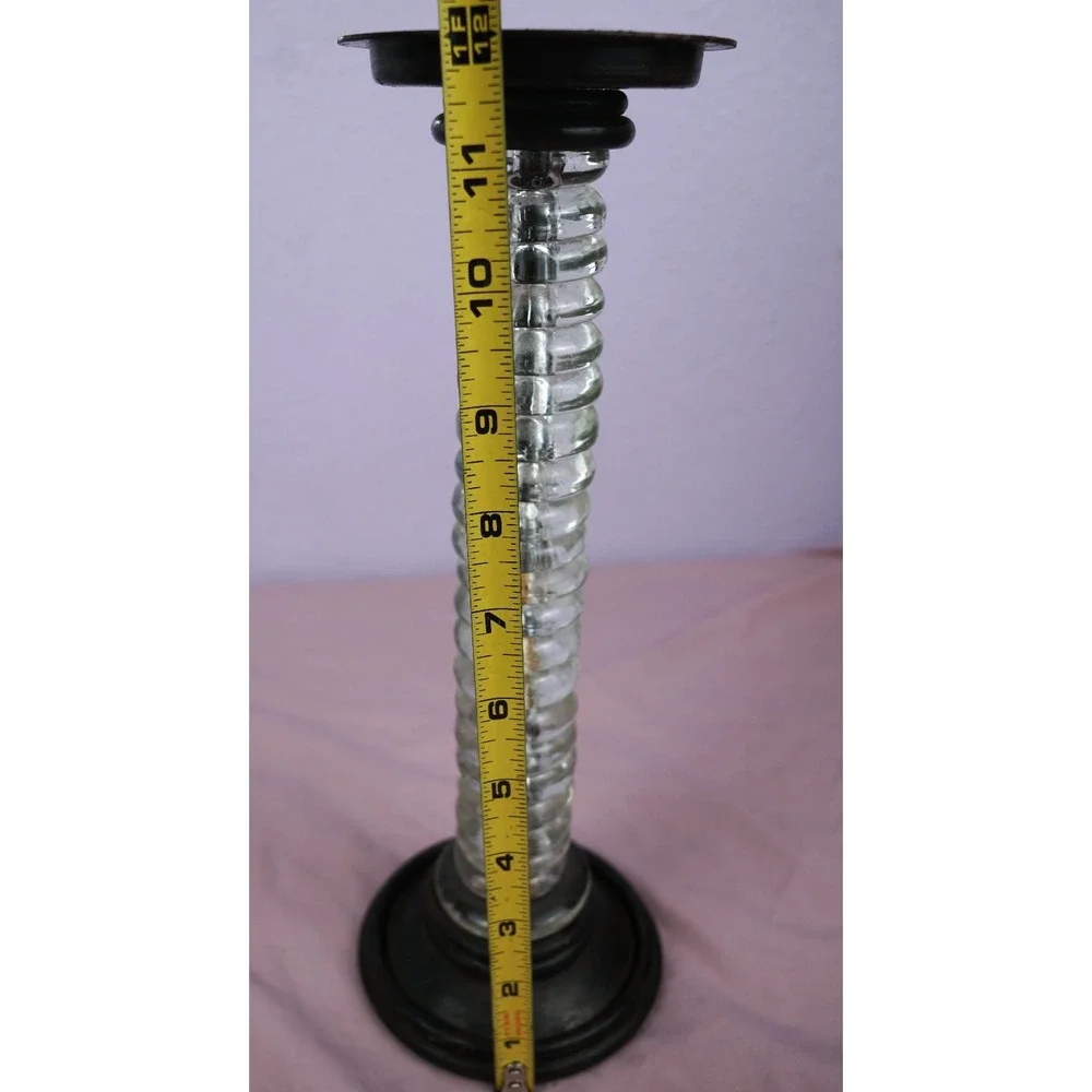 Clear Glass Beads & Dark Metal footed distressed pillar candle holder 12